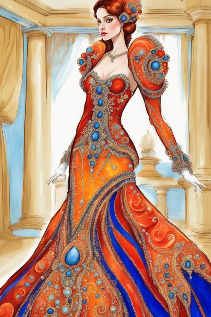 A flamboyant wedding dress by artist "Luminous Lapislazuli",by artist "Vibrant Velvet"