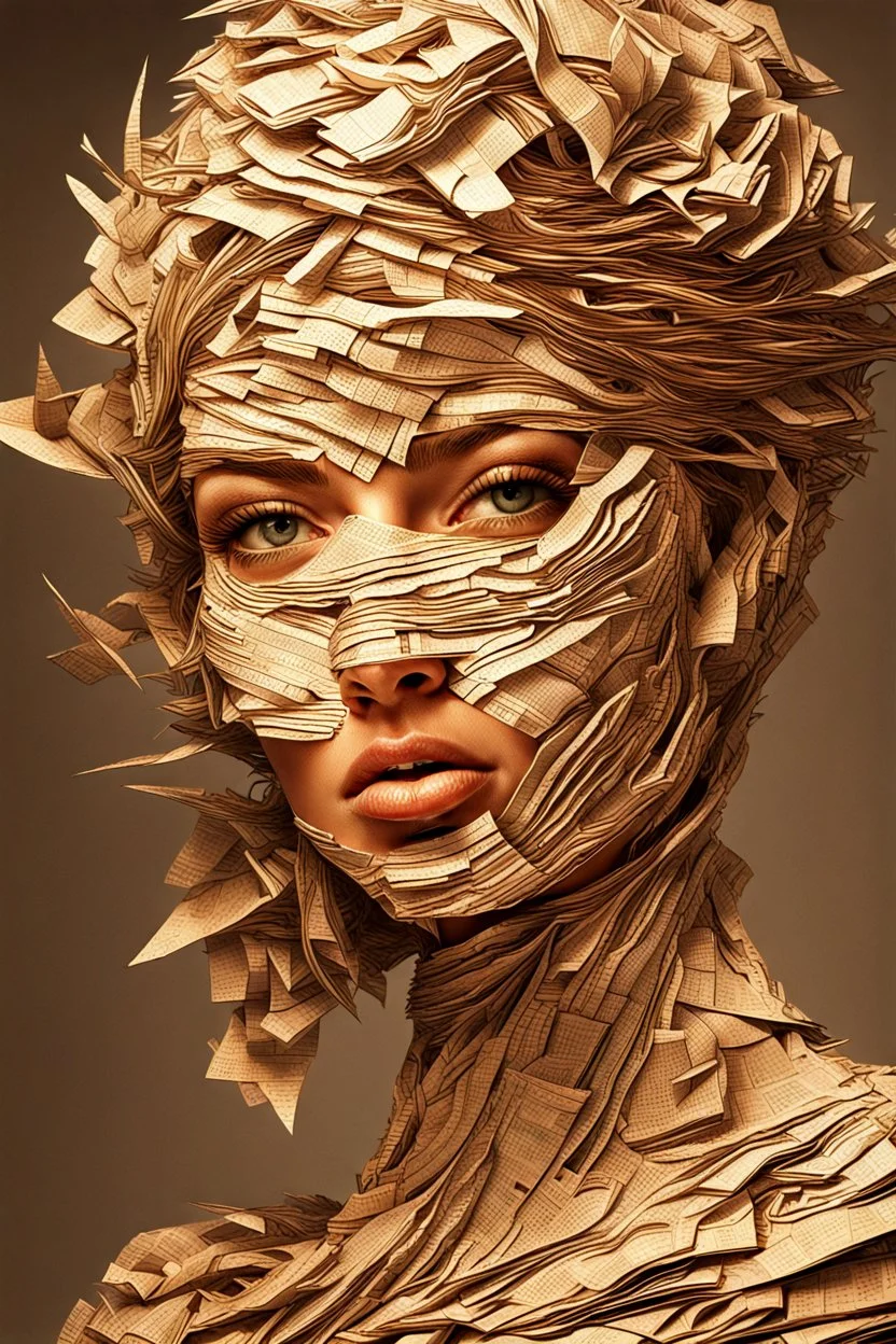 Beautiful face made of newspaper, trending on artstation, sharp focus, studio photo, intricate details, highly detailed,:y.k: by greg rutkowski Modifiers: digital painting fantasy beautiful Greg Rutkowski beautiful face, surreal