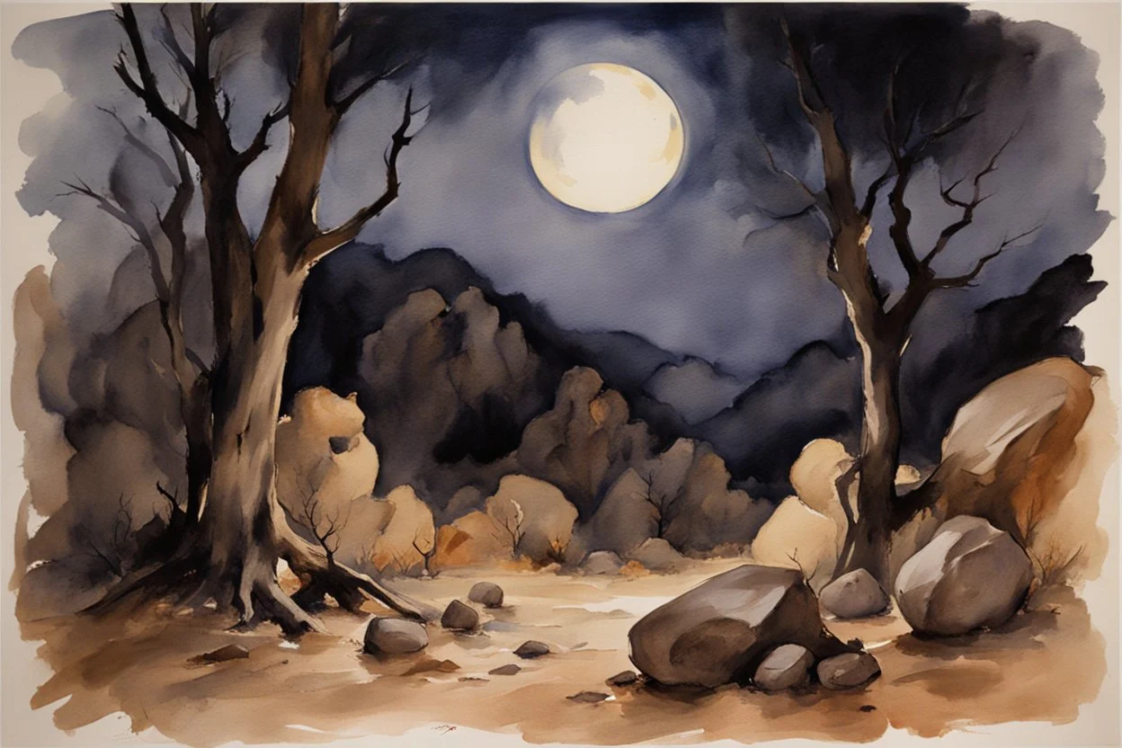 Night, mountains, rocks, dry trees, gothic horror films influence, john singer sargent watercolor paintings