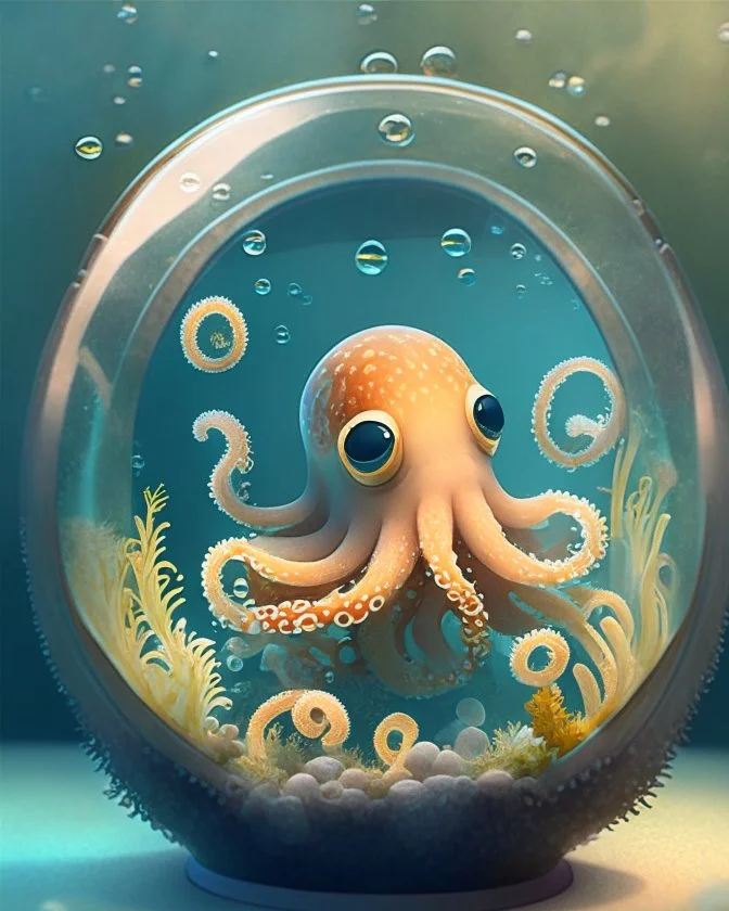 A cute little octopus in a small circular fish tank.