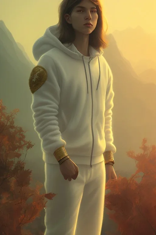 neanderthal portrait , white jogging suite, at dawn by atey ghailan, golden light , holding leaves and flowers , angels background, volumetric light, high detail, red leaf tree, mountains in background, perfect