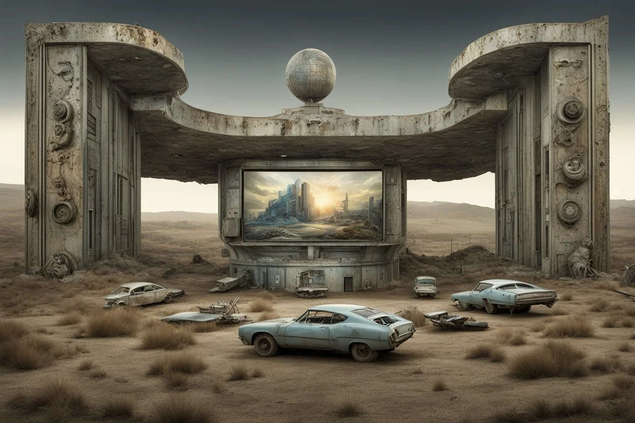 alternate reality art, in abandoned outdoor drive in movie parking lot, surreal drive-in movie screen gains sentience projecting futuristic fantasy world outward, surreal art, by Grant Yun, by George Grie, by Zoe van Dijk, dramatic mixed media, "the Apotheosis of the Silver Screen", intricate detail, volumetric lighting, art from beyond.