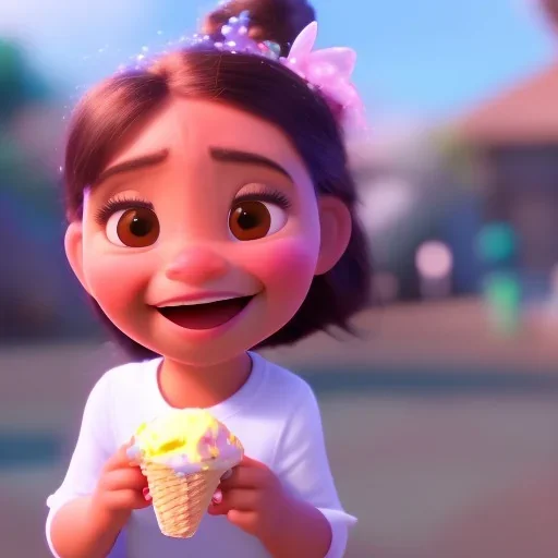 cute, adorable, smiling girl eating ice cream, candies flying all around her, Pixar, disney, cinema lighting, gaming, 8k, magic, love --q 1 --v 4