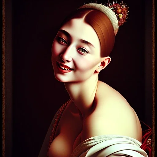 Dibujo de una cortesana muy guapa y voluptuosa sonriendo con el estilo de Caravaggio