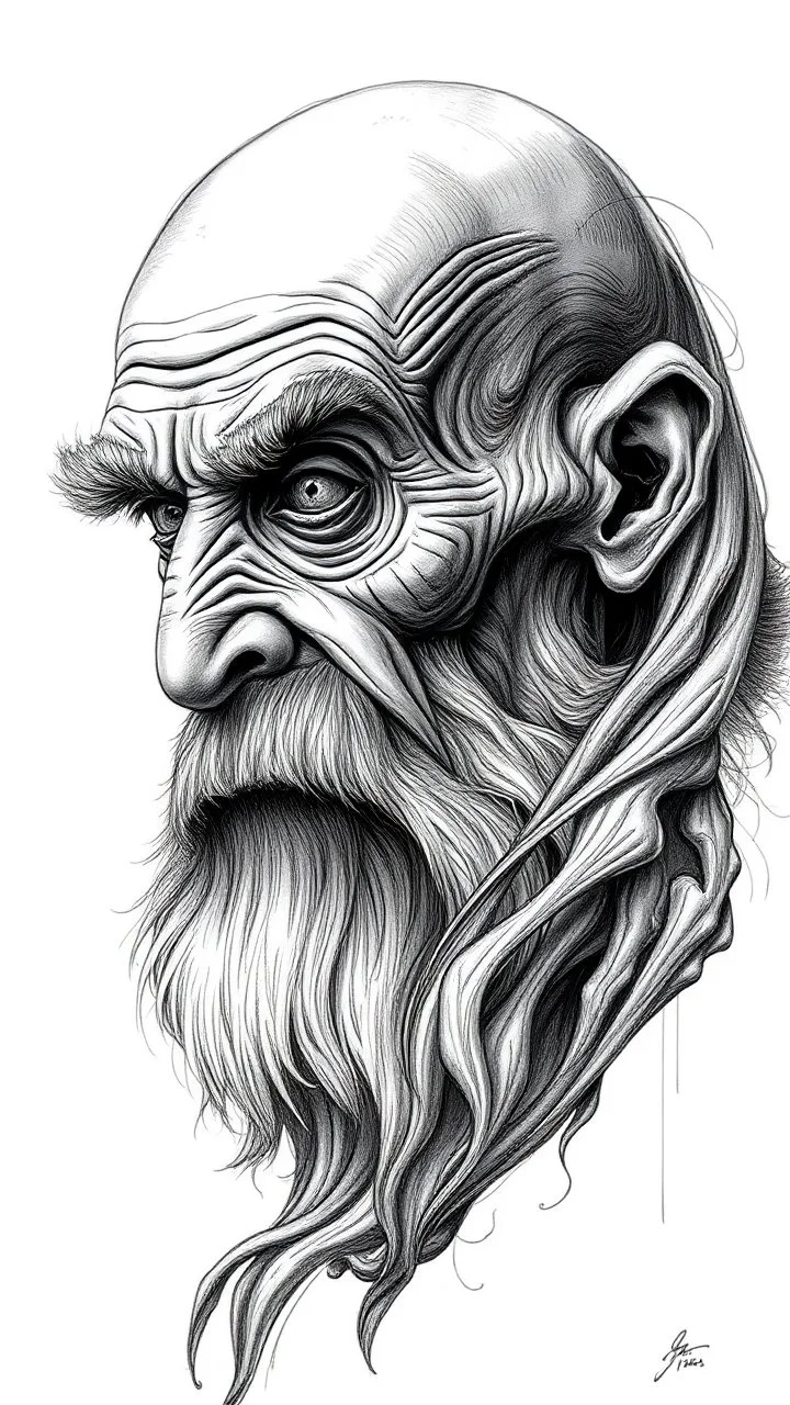 𝙋𝙧𝙤𝙢𝙥𝙩 highly detailed graphite illustration, A surreal old man figure with exaggerated anatomical features, heavily wrinkled skin, and an intense, contemplative expression. bald head, thick eyebrows, long beard merge into swirling abstract shape. Mysterious, introspective, dreamlike, somewhat dark fantasy. #𝙙𝙧𝙚art #prompt