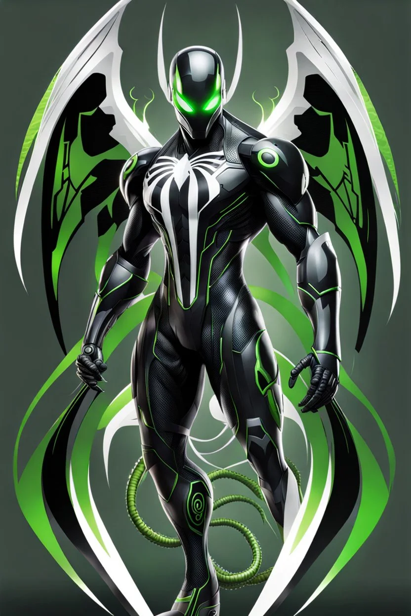 Cyborg symbiote, white color, green color, tendrils, high tech, cyberpunk, biopunk, membrane wings, carbon fiber, cyber tentacles, and the other two.