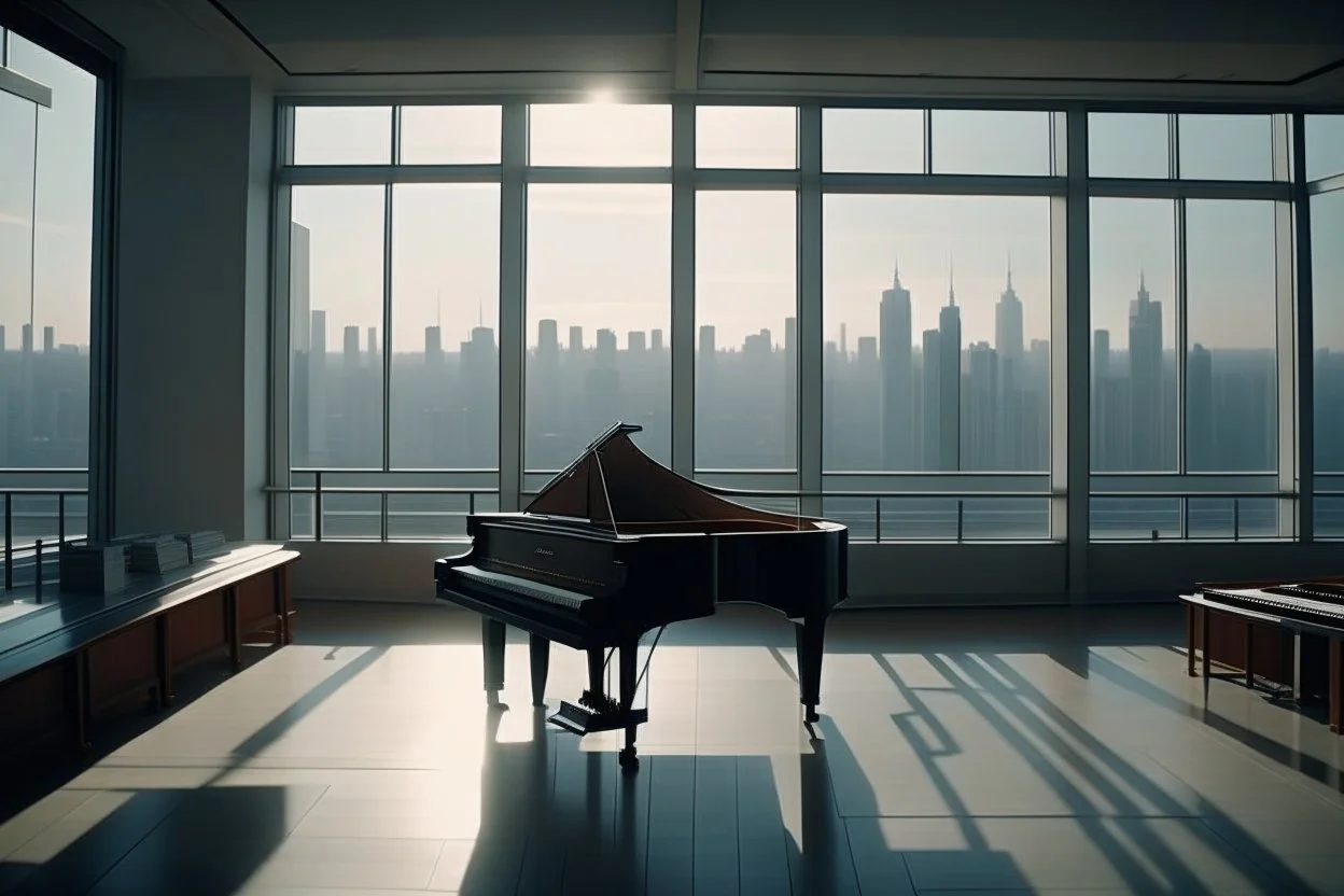 large and rectangular room on the top floor of the building, with large windows through which you can see the city's skyscrapers. diaphanous, only with columbas holding up the roof, frontal perspective, spotlight a man playing a white piano