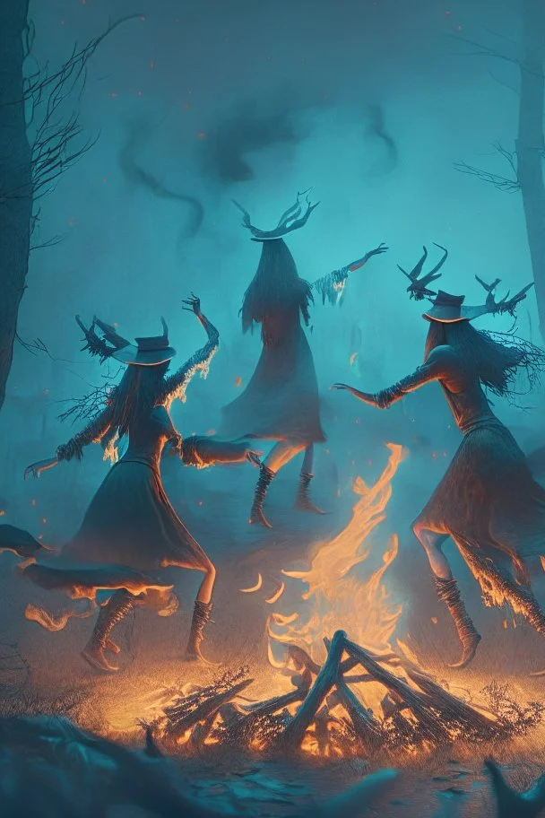 witches dancing around a bonfire, prehistoric forest, trending art, 8k, depth of field, volumetric fog, hi detail, spray paint