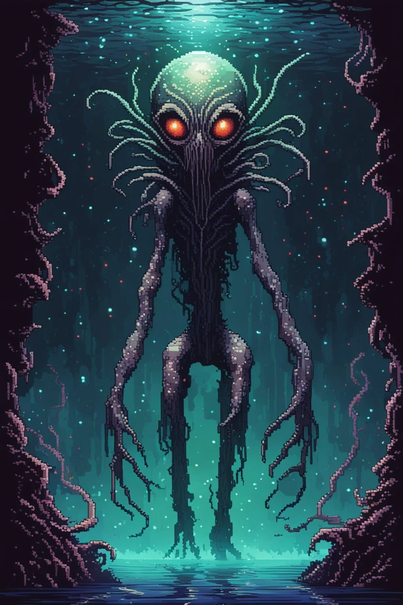 cosmic horror, nightmare, galaxy in eyes with dread, truth, alien underwater, fullbody, 8bits, pixel art,