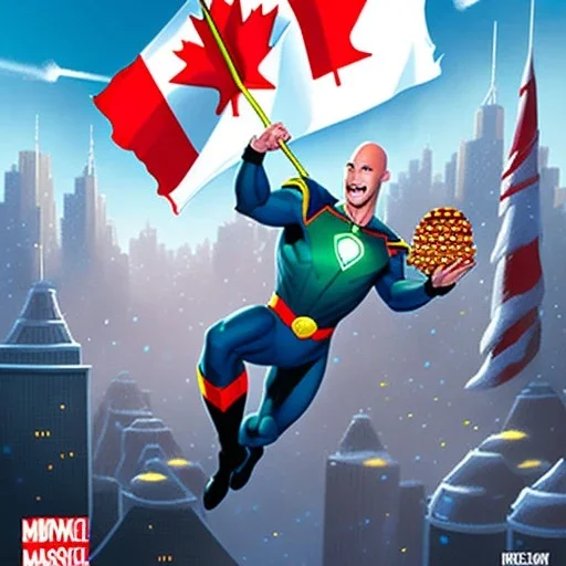 Canadian superhero throwing syrup bottle comic book art, background is a city with a Canadian flag, raining syrup, bald, full beard, M on chest, comic book art, art style by dark horse comics, high resolution, 8k