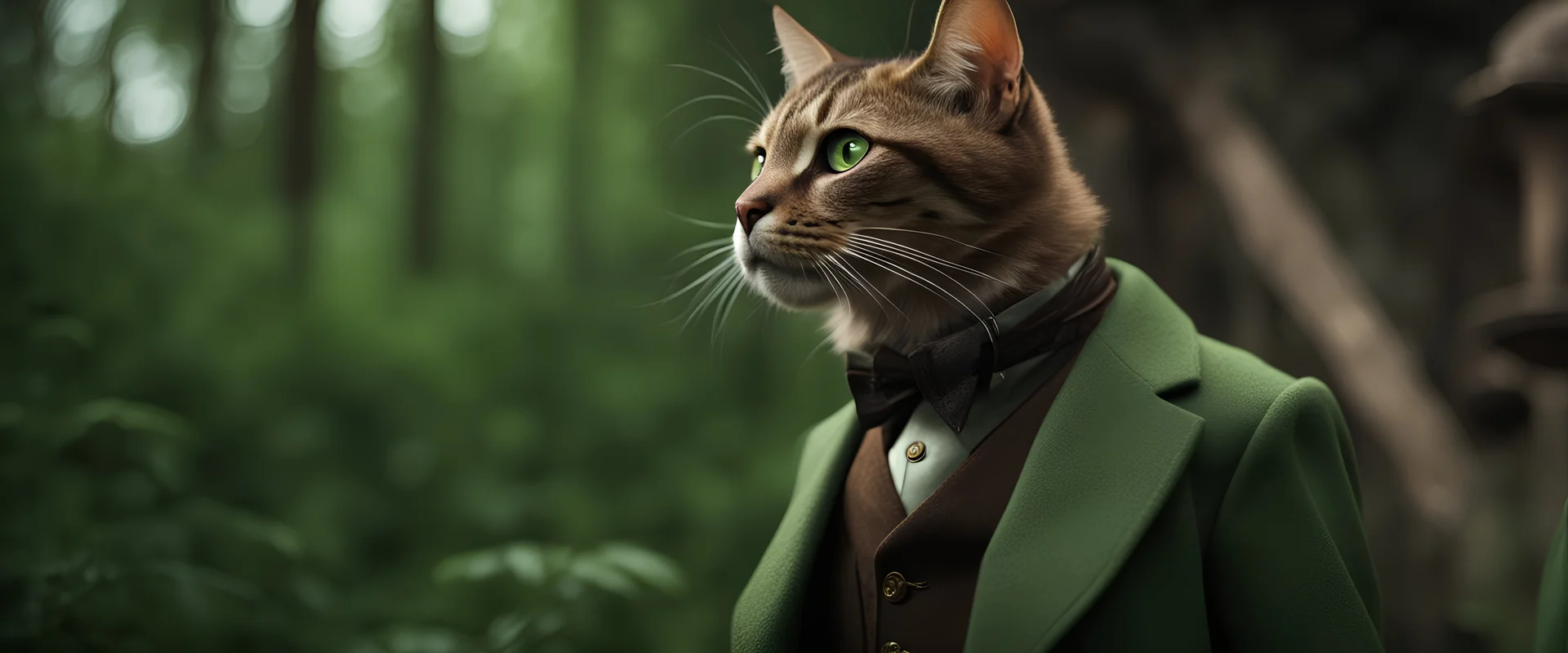 High-end state-of-the-art STEAMPUNK aesthetics flawless, Schrödinger's cat with strong determined attitude,green lush forest background,close-up shot, realistic, hard light chiaroscuro, realistic,Highest quality telescopic Zeiss Zoom lens, supreme cinematic-quality photography,walnut wood green clothes, Art Nouveau-visuals,Vintage style Octane Render 3D technology,hyperrealism photography,(UHD) high-quality cinematic character render,Insanely detailed close-ups capturing beautiful complexity