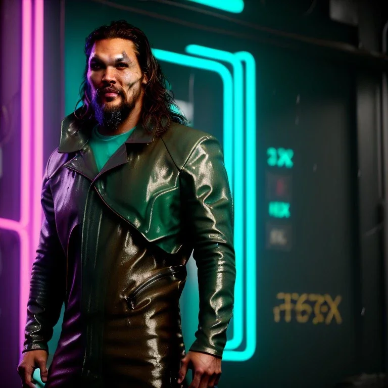 Actor, jason momoa, blade runner style, rain, fog, neon ambient, gradient color, clean skin, circuits, latex coat, cyber punk, neon, tubes, portrait, photo studio, unreal engine 5, smooth color, 16 bit, god lights, ray tracing, RTX, lumen lighting, ultra deatail, volumetric lighting, 3d, finely drawn, hd.