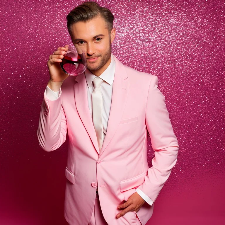 man in a pink suit, glam style and a glass of red wine in his hand, pink background too, real photography, portrait photography