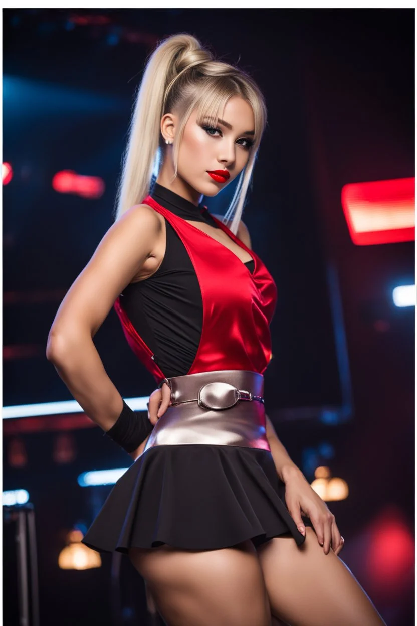 Beautiful girl dancer, blonde hair , bold lipstick, night club stage, braided bangs, braided bobcut, solo, apron,thick thighs, side-tie panties, black hair, 18yo,(on back:1.2) ,red dress, portrait