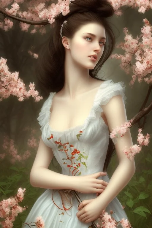 Beautiful Girl in the garden, 18 century, brunette, literally dark hair, dark eyes, slim and tall, smell of sakura