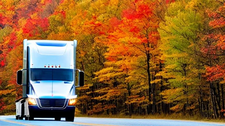 A Tesla semi-truck is racing at top speed, across the 'Great Smoky Mountains' National Park, in Tennessee. CINEMATIC. WIDE ANGLE LENS. PHOTO REAL.