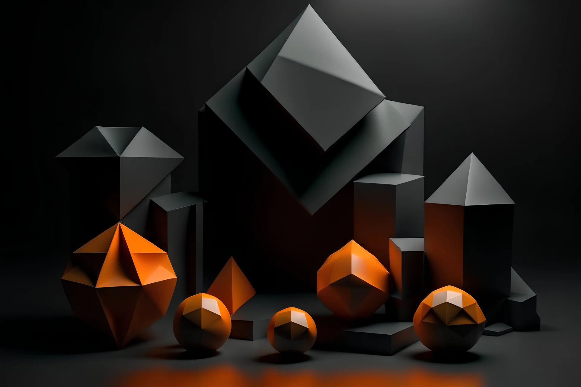 dark grey background with abstract five different orange 3d shapes, they are located around the perimeter of the image, and the center of the picture remains empty without any elements