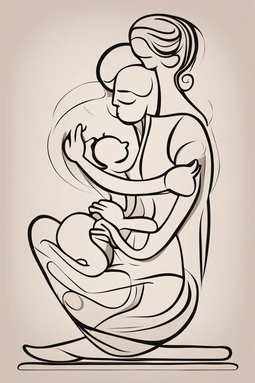 Abstract Picasso style drawing of a woman making pilates with a baby. No faces. Outline only