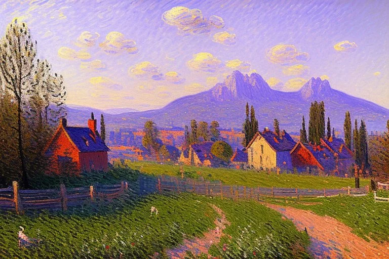 Sunny day, distant mountains, fence, alfred sisley impressionism painting