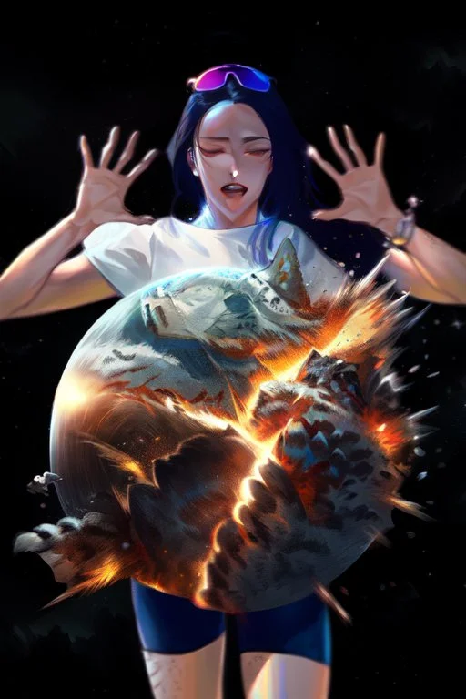 An image of a young Korean woman with a eyes closed expression happy, holding her hands up as if she is reacting to a catastrophic event in front of her. Film, cinematic, realistic, extreme depth of field, She is wearing a white blouse with detail, blue shorts, and sunglasses pushed up onto her head. In front of her, there is a highly detailed planet resembling Earth, dramatically cracking and breaking apart with fiery explosions and molten lava visible at the fractures.
