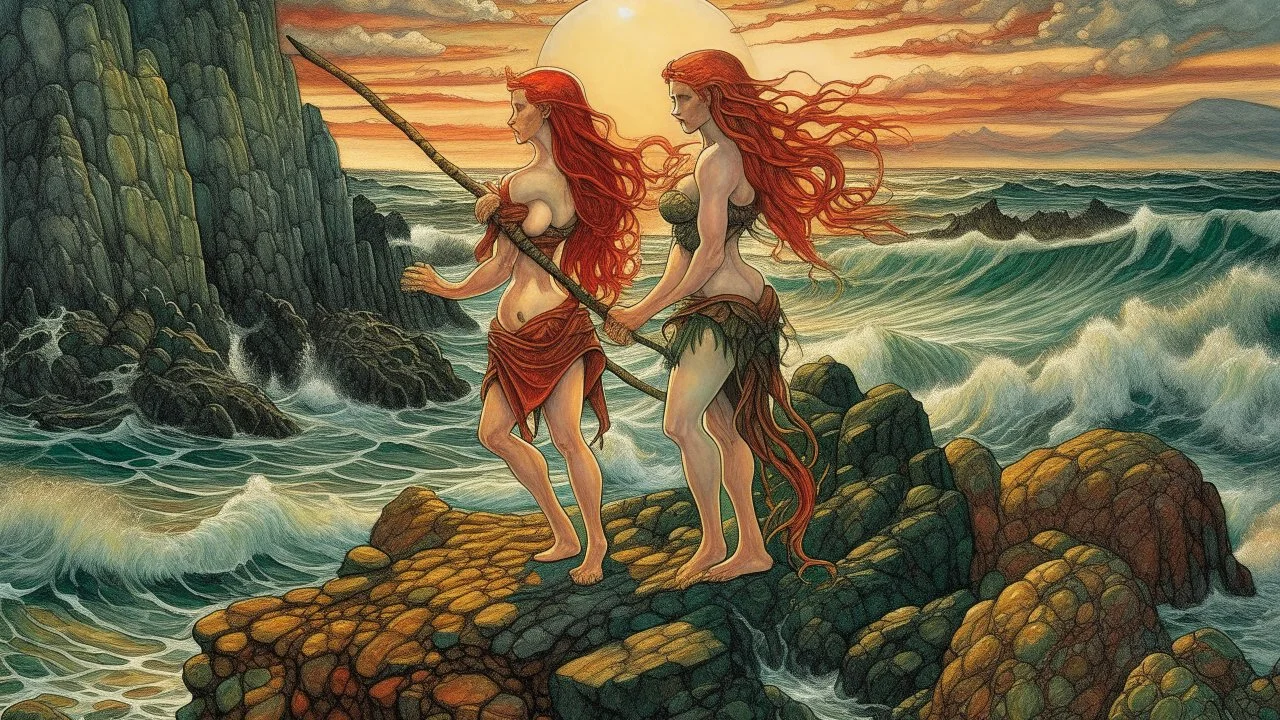 Two nude, red-haired women with long, flowing hair standing on a rocky shore with a stormy ocean in the background. The women are holding spears and appear to be mythical or fantasy figures