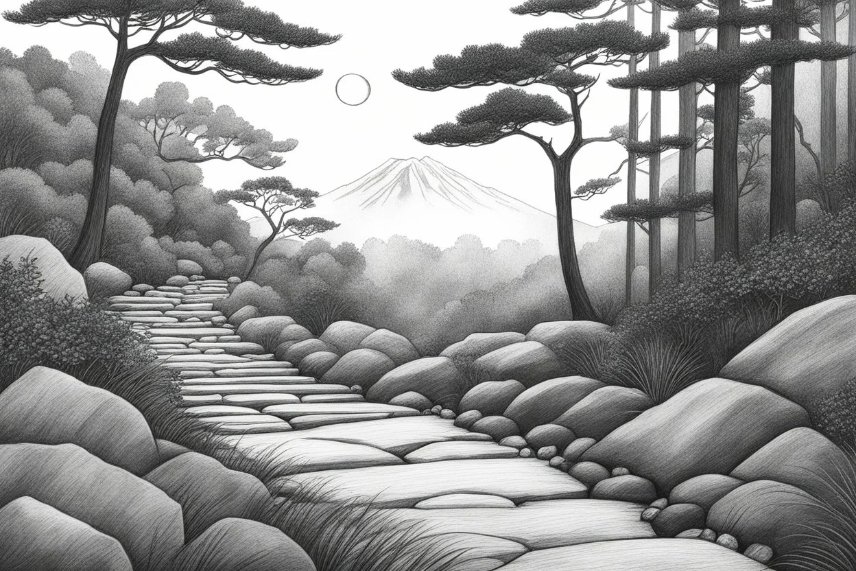 A photo of my traditional, monochromatic nature pencil drawing inspired by Japanese woodblock prints, featuring a stylized scene of a forest with a focus on a rocky, natural stone pathway.