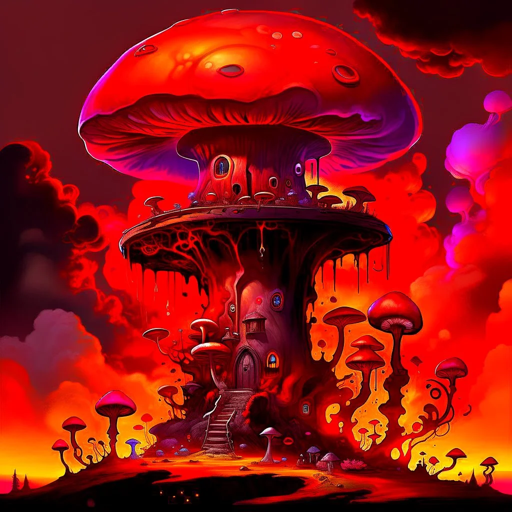 A fantabulous black, red, and orange (((mushroom tower house))) erected atop a (geologic pillar), surrounded by the uncanny imaginative ((( swirling skies))), offset by the stark hues of a (neon-tinged nebulous space scape), within. captured by the hand a skilled master painter with a focus on (softly blurred compositions and voluminous lighting).