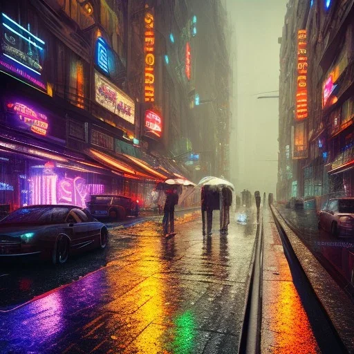 Cyberpunk street view in night, Paris, rain, ground reflection