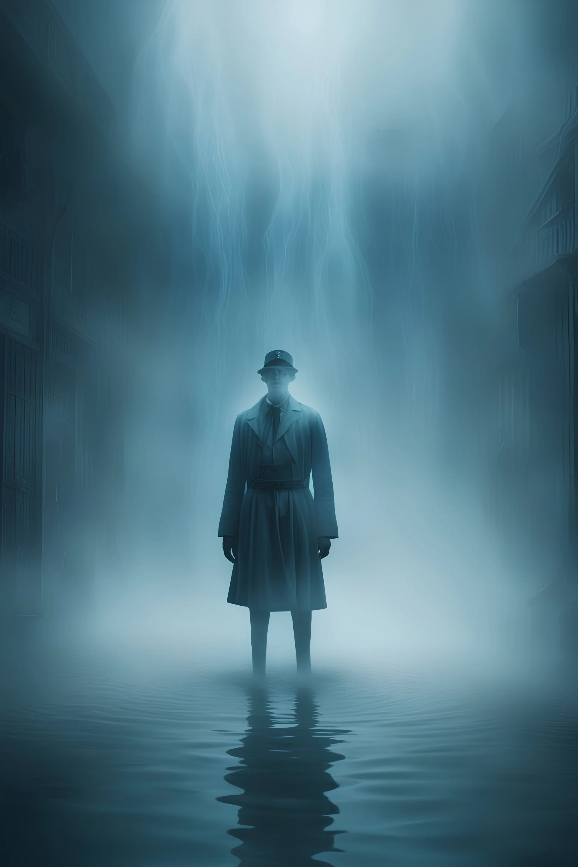 A ghostly shop captain standing in water up to his knees surrounded by a ghostly blue mist.