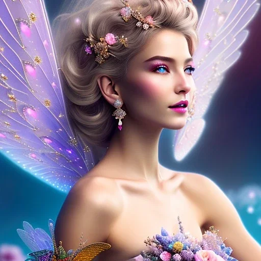 enlighten, light pink pink colors, beautiful portrait of happy smiling blond bright fairy with wings, crystals, blue silk dress, blue sky, flowers landscape water river . depth of field, 8 K, fantasy