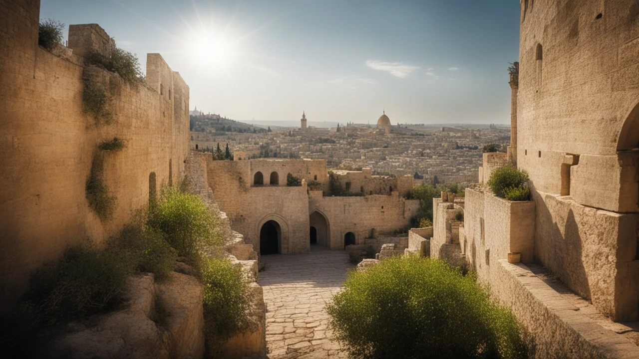 calm beauty, fantasy, magic, splendor, uplifting, inspiring, therapeutic, ancient Jerusalem, springtime, sunlight, chiaroscuro, color, award-winning colour photograph, Nikon 35mm