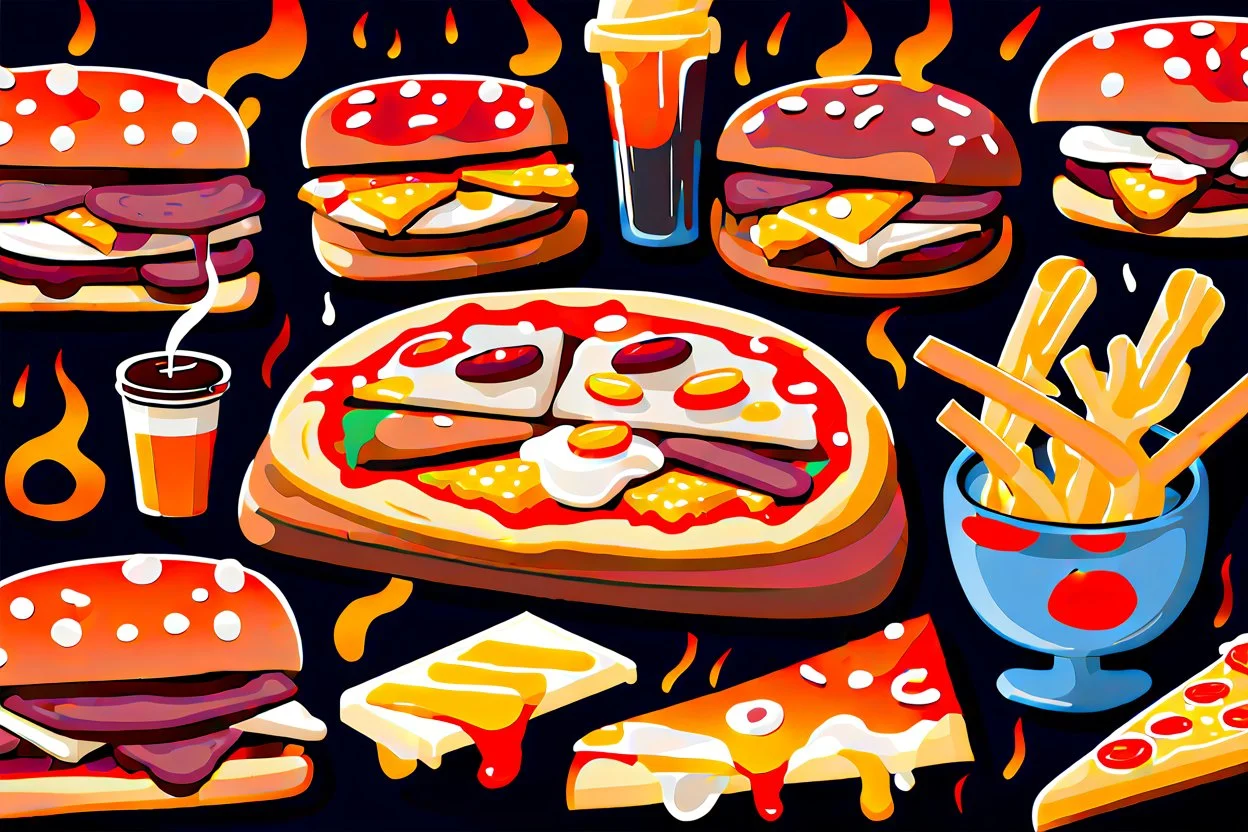 Pizza, sandwich, hamburger, baguette bread, french fries, pizza cheese, soda, and sauce with a dark color theme and barbecue flames.