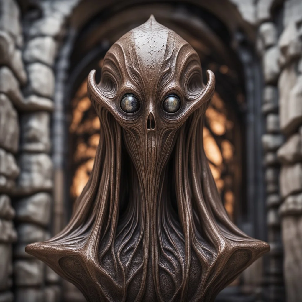 giger escher illithid mind flawyer witch sculpture in transparent bronze murano glass in front of stone wall,bokeh like f/0.8, tilt-shift lens 8k, high detail, smooth render, down-light, unreal engine,bokeh like f/0.8, tilt-shift lens 8k, high detail, smooth render, down-light, unreal engine