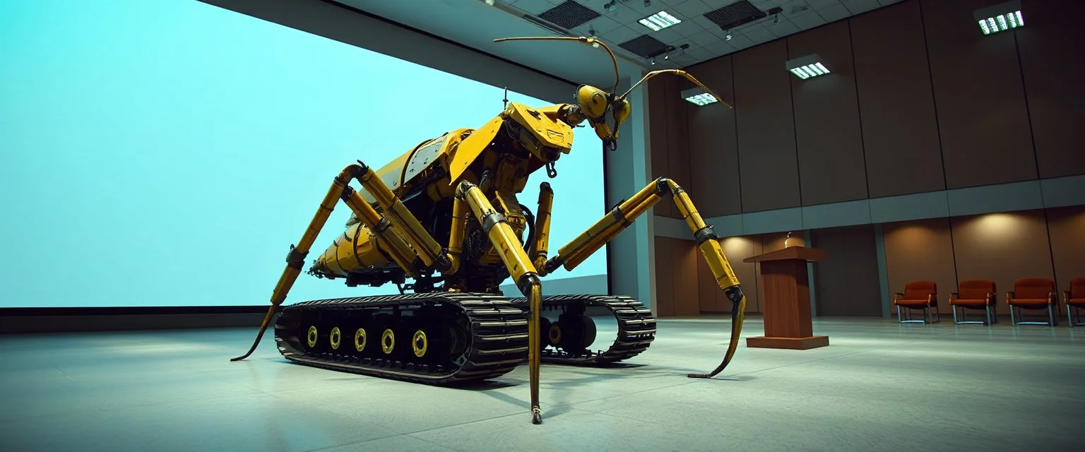 in the style of Escher and Giger and Fallout 4, pinhole cam, airbrush 3d rendering, on tv screen:A five-second cinematic single take in a clean industrial presentation hall. A bizarre mechanically plausible tracked atv machine stands beside a presentation podium, designed to look like a giant mechanical praying mantis. T Two long folded mechanical front arms resemble mantis forelegs, huge head and arm