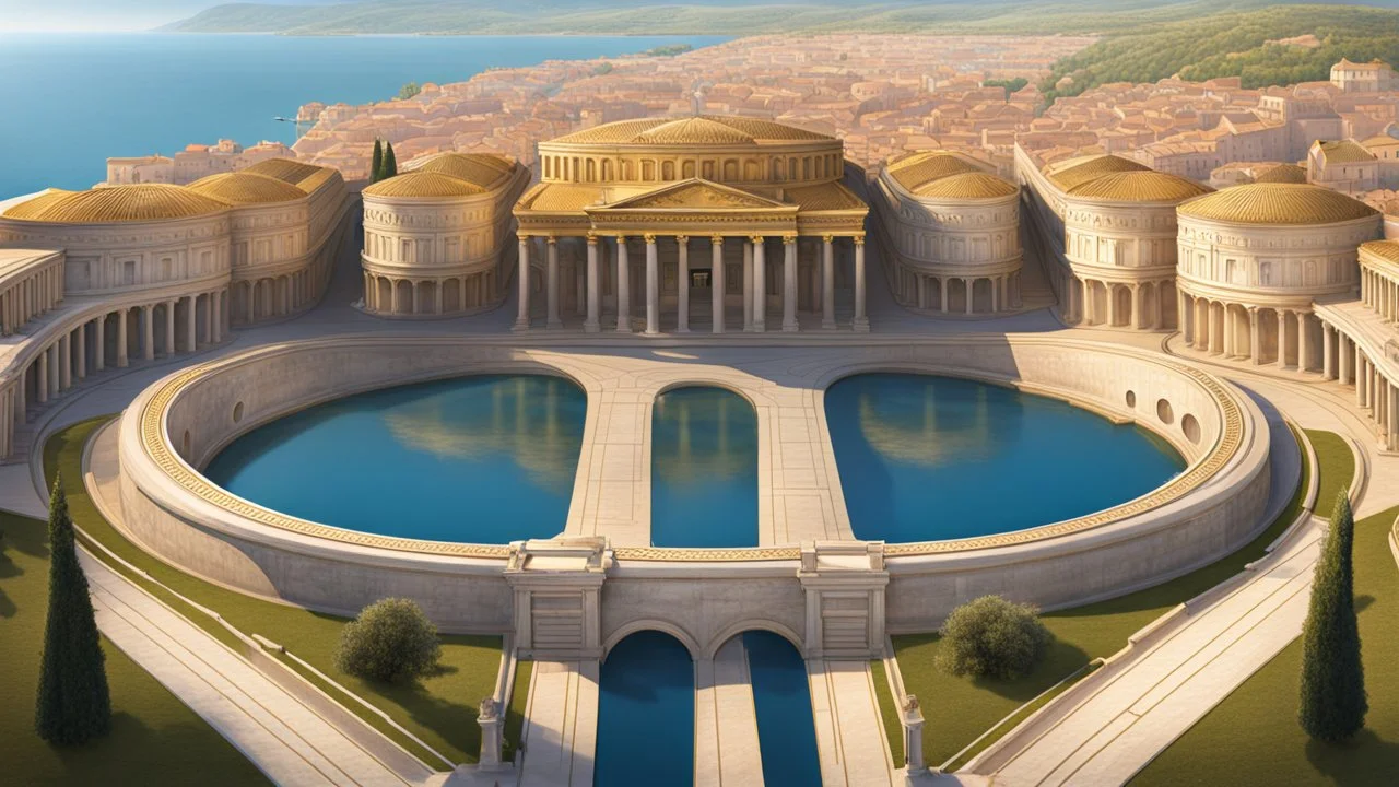 a roman city divided by a river next to the ocean. seen from a hill. perfect symmetry. marble and gold. fantasy.