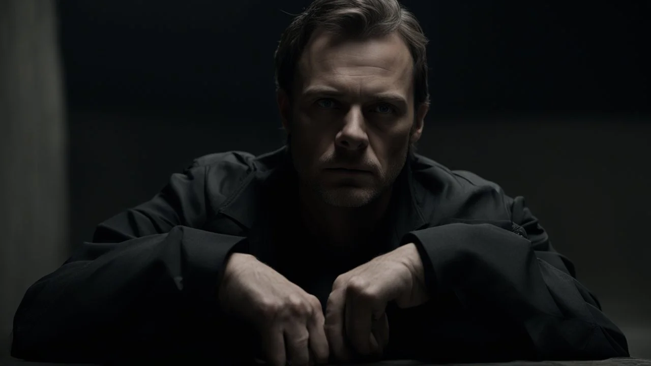 In the photo, we see a man sitting in the dark, looking at the camera with a cold gaze. The man is dressed in black and seems uninterested in what is going on around him.