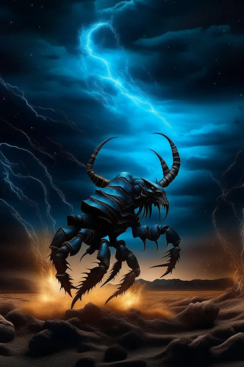 Black emperor Scorpio emblem on a burning landscape background With its Tail curled up behind his back ready to strike and from claws grasping under a storming sky with blue lightening striking around it