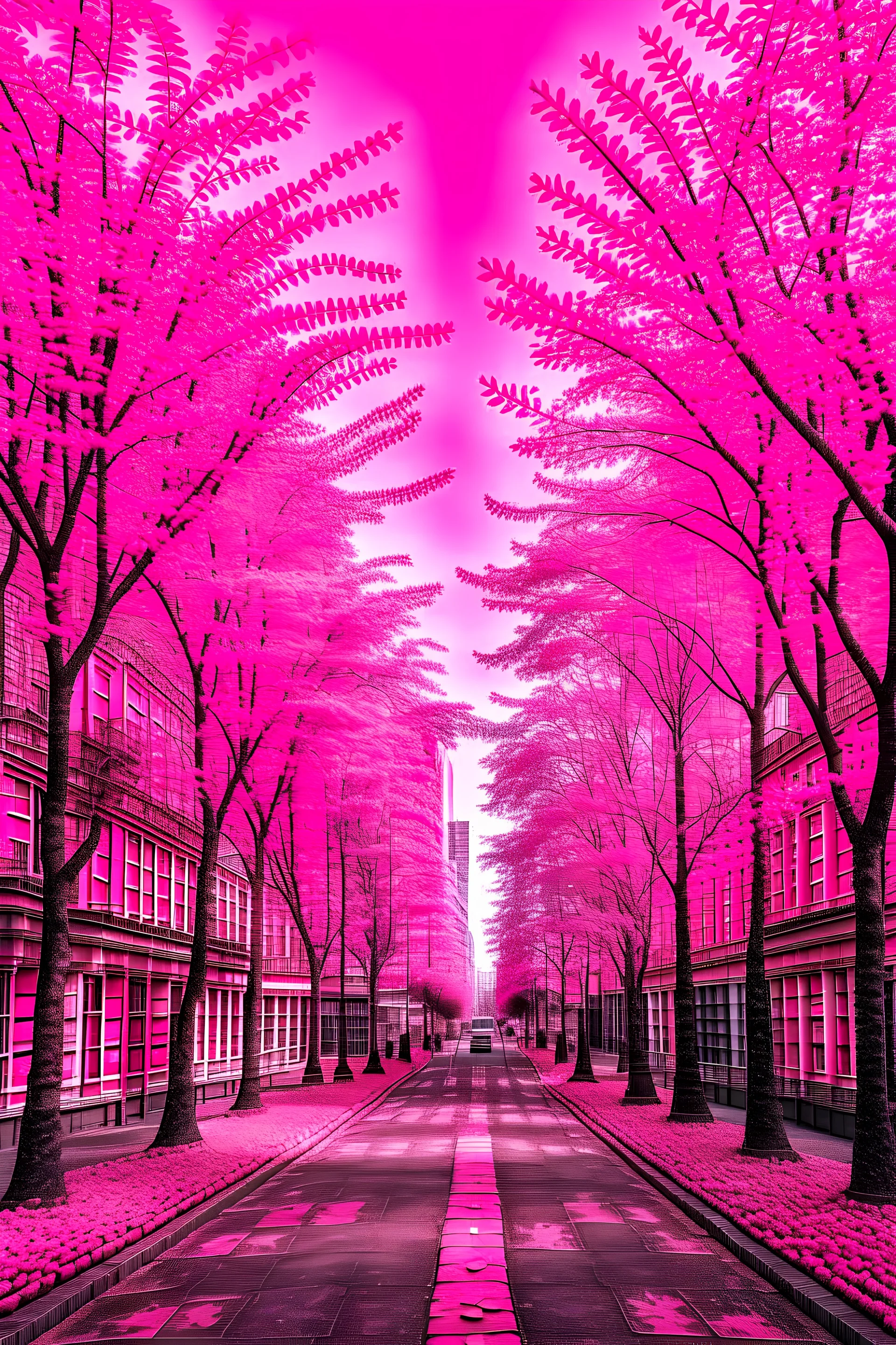 Ultra-realistic photo of trees with pink leaves in a city