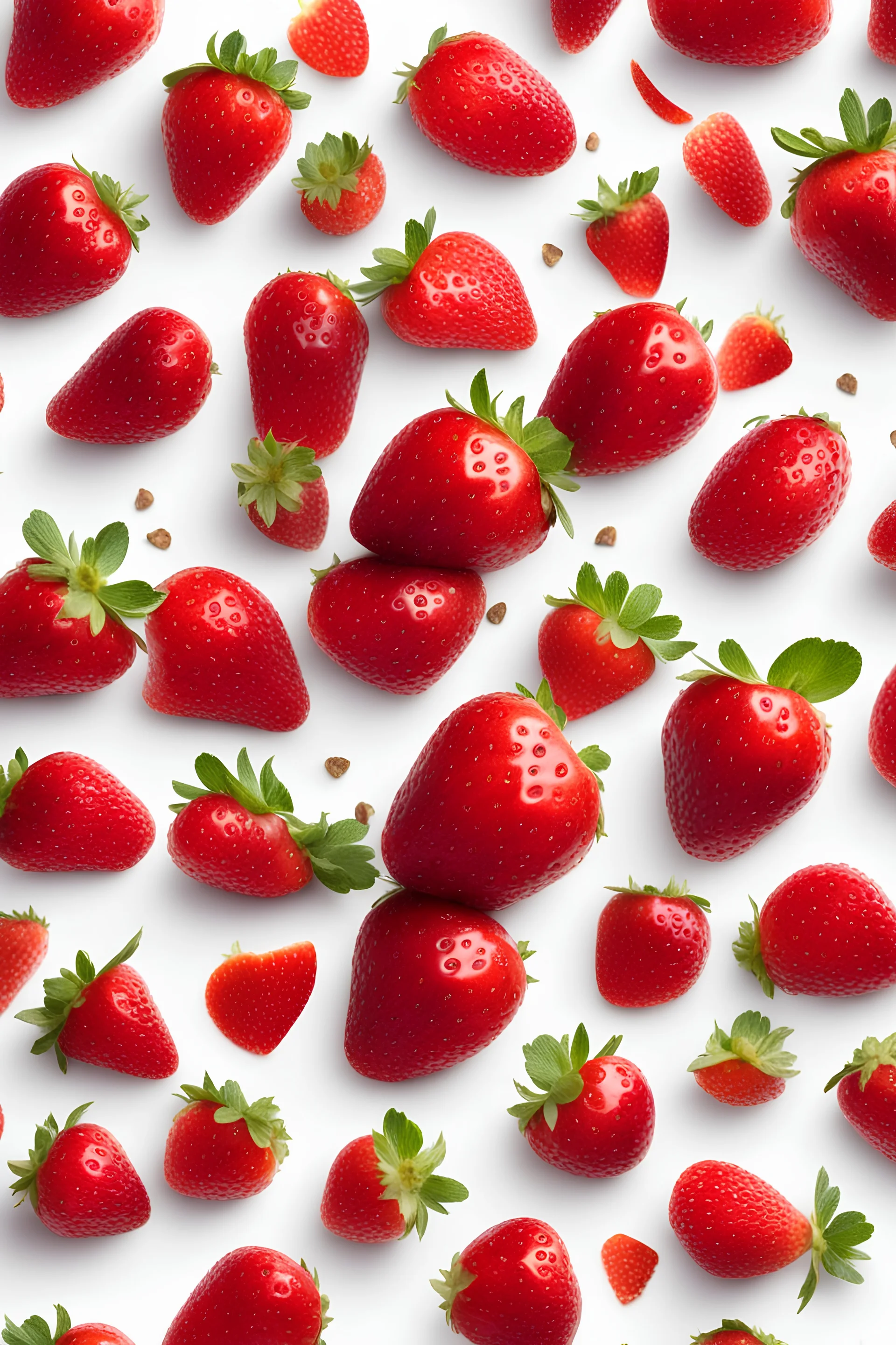 Whole and sliced strawberries in the air isolated on white background