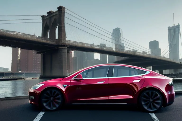 A Tesla 'Model S' is parked, on the 'FDR Drive', eastern Manhattan. (CINEMATIC, WIDE ANGLE LENS, PHOTO REAL)