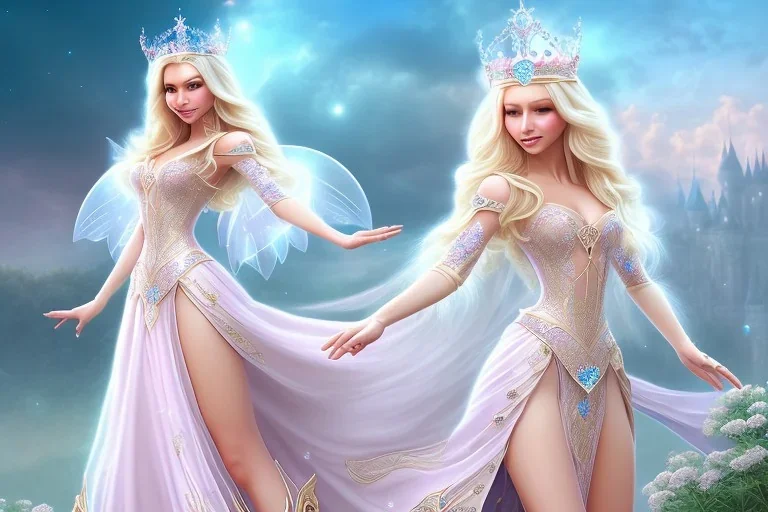 castle in background, beautiful, soft, big smiling, straight and long blonde hair, blues eyes, dewy and shiny atmosphere, diamond crown, long fairy wings in the back, full head, pink veil clothes