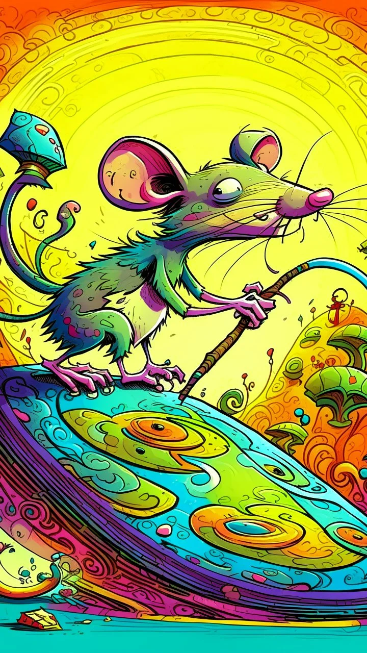 Tail Whip / Trip / Trick: "A cartoon rat spinning its tail, tripping a small monster or another rat, exaggerated comic motion, whimsical dungeon background, colorful, playful fantasy style."