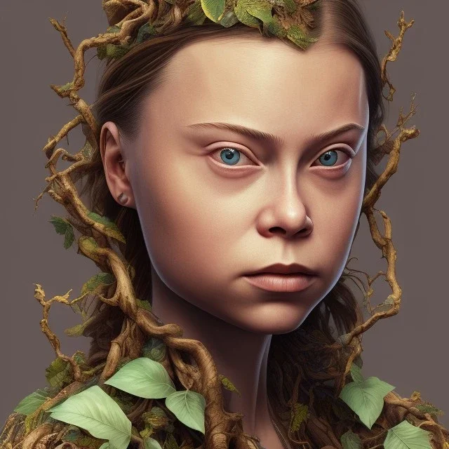  Greta Thunberg portraitfull face tattoo of leaves and gnarled branches extending past face and morphing into reality, 8k resolution, high-quality, fine-detail, muted colors,intricate, digital art, detailed matte, volumetric lighting, illustration, octane render