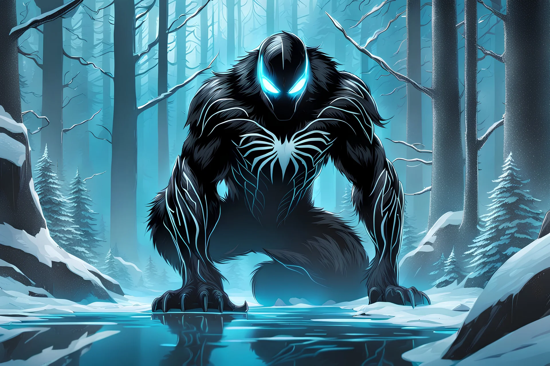 Shadow symbiote in 8k graphics novel drawing style, bear them, neon ice power, ice forest, highly detailed, high details, detailed portrait, masterpiece,ultra detailed, ultra quality