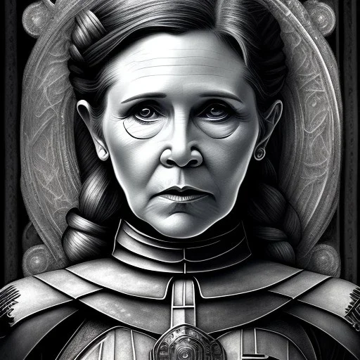 actress carrie fisher, ominous, waist up portrait, intricate, oil on canvas, masterpiece, expert, insanely detailed, 4k resolution, retroanime style, circular reflective eyes, cinematic smooth, intricate detail , soft smooth lighting, soft pastel colors, painted Renaissance style