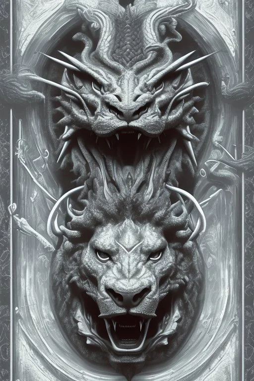 A three-headed dragon. The head on the left is the head of a lion, the head in the middle is the head of a man, and the head on the right is the head of a bull