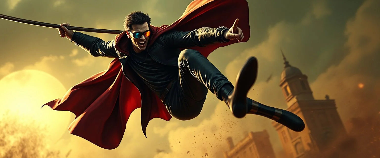 vampire cyberpunk action scene, acrobatic dodge, cape ,, cyber sun glasses, swing pole, steam punk, kick in belly
