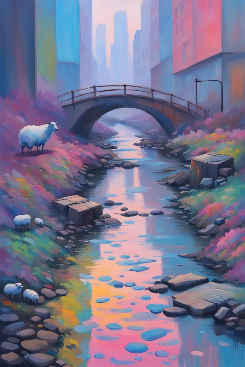 painting of a cyberpunk colourful natural walkway rubbish on the street in the city with pollution and a small bridge by a creek with electric sheep and androids by monet