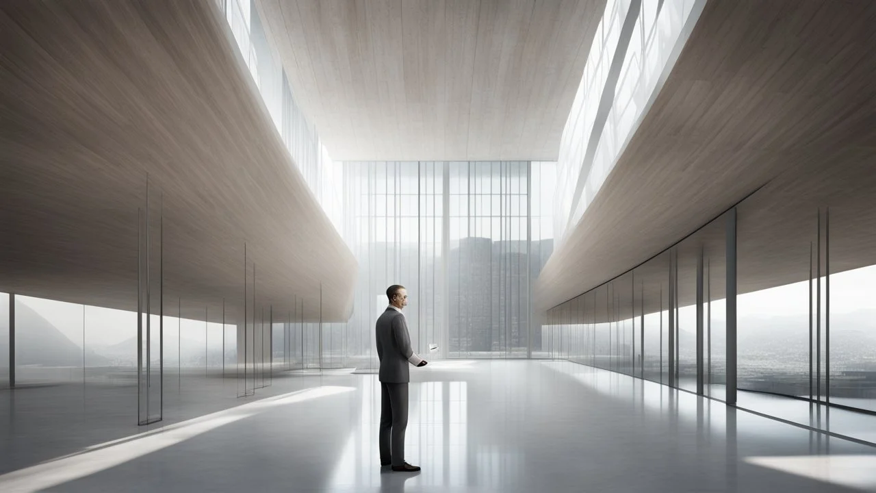 there is a man standing in a large building with a cell phone, architectural visualisation, inspired by Tadao Ando, digital rendering, conceptual rendering, render vray, photoralistic rendering, inspired by Peter Zumthor, architectural rendering, detail render, a digital rendering, in style of norman foster, orthographic 3d rendering, lumion rendering