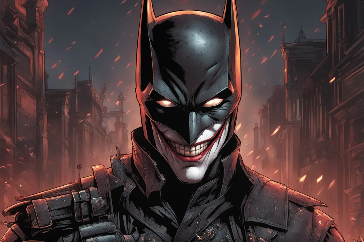 The batman who laughs in 8k comic book artstyle, joker smile, darkness them, full body, apocalypse, cover eyes, intricate details, highly detailed, high details, detailed portrait, masterpiece,ultra detailed, ultra quality
